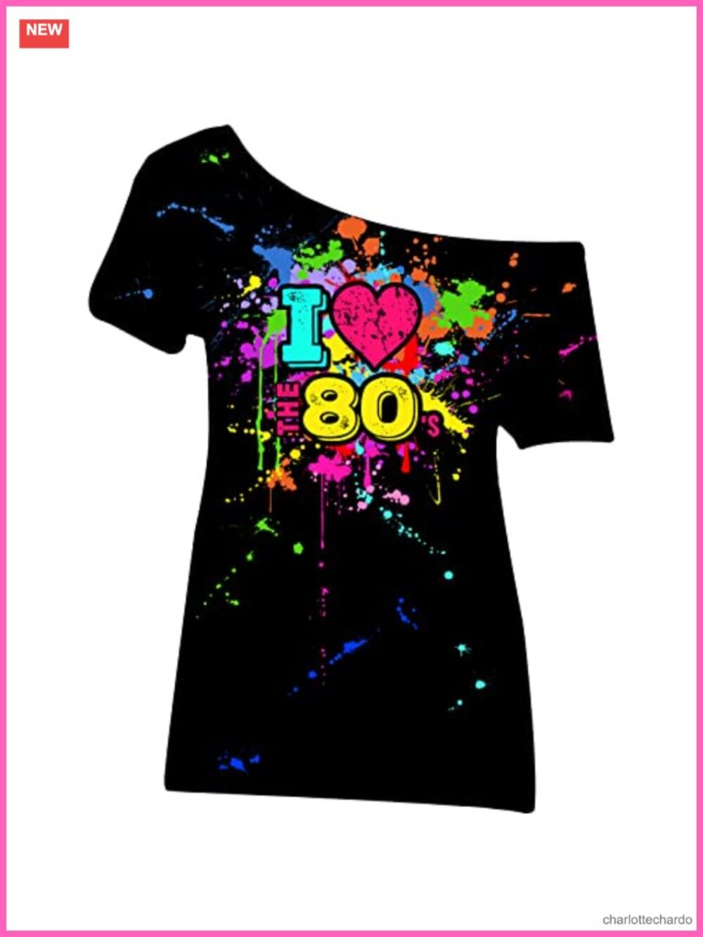 80s Off Shoulder T-Shirt Womens Plus Size Costume Neon Party Top Polyester